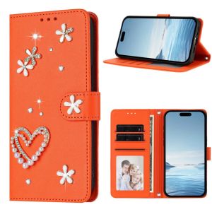 3D Bling Pearl Flower Rhinestone Heart PU Leather Flip Wallet Phone Case For iPhone 18 Pro Max 17 air 16 plus 15 14 13 Multi Card Slots Photo Holder Wrist Strap Kickstand Shockproof Protective Cover For Women Girls