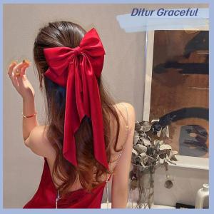 Ditur Elegant Red Streamer Large Bow Ribbon Hair Clip For Women Fashion Simple Solid Satin Ponytail Bow Hairpin Girls Hair Accessories