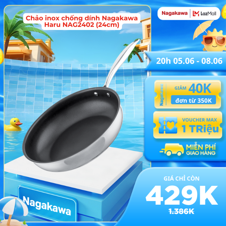 Chảo inox chống dính Nagakawa Haru NAG2402, size 24cm, kết cấu 3 lớp toàn phần, gia nhiệt nhanh và đều, tay cầm inox, sử dụng được trên mọi loại bếp, an toàn với máy rửa bát