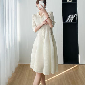 Nova quality⭐One person one pleat ⭐ Temperament gentle elegant comfortable Miyake fold slim waist dress female 2023summer new simple casual fold Warbo design hemline seven-point sleeve long skirt
