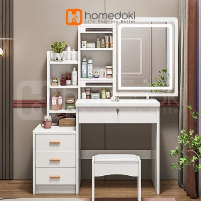 Homedoki Meja Rias / Meja Rias Putih Lampu LED / Meja Rias Kaca Sliding Minimalis / Meja Kosmetik / Meja Rias Minimalis