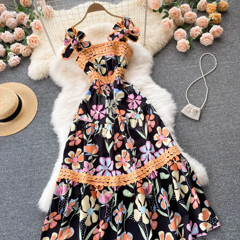 Summer Floral Dress Women Off Shoulder Flared Sleeve Layer Dresses Woman  Elegant Floral Print Party Dress