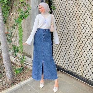 Rok Jeans Cargo Wanita Skirt Panjang Denim Belah Depan - Rok Jeans jumbo Terbaru - Rok Cargo