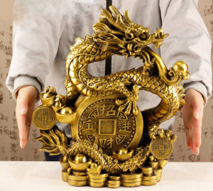 [Trả góp 0%] Tượng linh vật rồng cuốn đồng tiền may mắn bằng đồng thau phong thủy Hồng Thắng