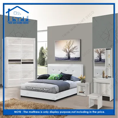 (Only KL & Selangor area)[Queen]Twin Win Home 4 Feet Sliding Bedroom Set - 5 Piece Set In 2 Color/Wardrobe/Dressing Table/Bedside Table/Stool/Queen Divan BeD