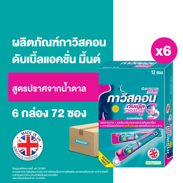 Gaviscon กาวิสคอน ดับเบิ้ล แอคชั่น มิ้นต์ ยาลดกรด กรดไหลย้อน รักษาหลากหลายอาการจากกรดไหลย้อน 12 ซอง 10มล. X 6 กล่อง