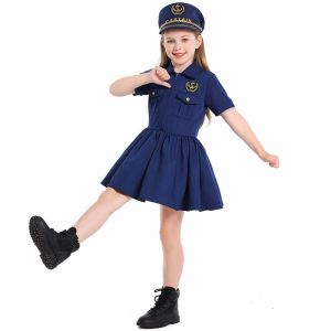 Girls Cosplay Police Costume Kids Police Officer Uniform Dress Halloween Party Dress Up Navy Blue Captain Suit with hat 2T-14T
