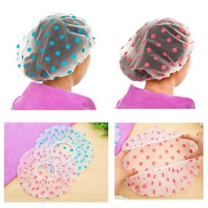 3PC Waterproof Shower Cap Wide Elastic Band Fashion Wave Point Shower Cap Salon Color Random For Women Reusable Bashroom Cap