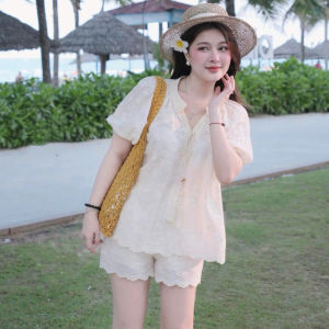 Set bộ thiết kế nữ mặc hè set Ren Lỗ Quảng Châu cao cấp 2 lớp áo phối dây Ren cổ kèm quần short