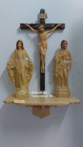 Bộ 3 tượng công giáo Đức Mẹ Ban Ơn Thánh Giuse cao 50cm Thánh giá Chúa 70cm vân gỗ 3D kiểu mới - tượng nhựa composite