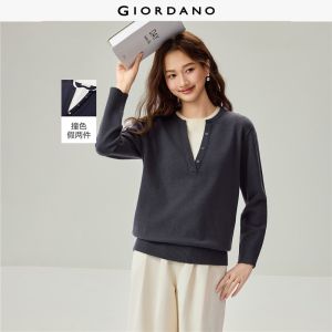 GIORDANO Women Sweaters Fake Two-Piece Contrast Sweaters Round Neck Loose Fit Fashionable Casual Sweaters 13356643