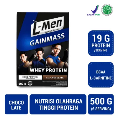 L-Men Gain Mass Chocolate 500g - 22g Whey Protein - 6-7 Serving - Dilengkapi BCAA & L-Carnitine