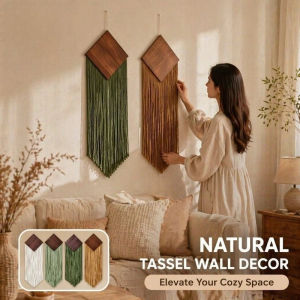 Macrame Wall Hanging Hand Woven Cotton Tassel Boho Wall Decor Diamond Wood Board Tapestry For Home
