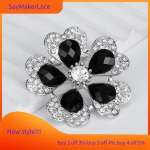 READY STOCK✨ Exquisite Black Rhinestone Flower Brooches For Women Elegant Lapel Pins Wedding Decoration Jewelry