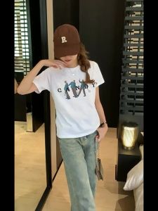 BH Womens Short Sleeve T-shirt pure cotton print crew-neck loose right shoulder .C