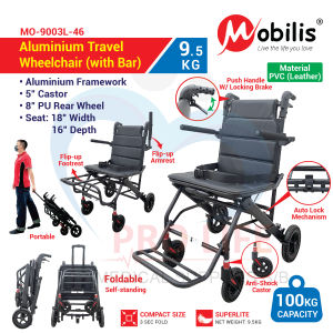 Mobilis Aluminium Travel Wheelchair (with Bar) (MO-9003L-46) (Big Seat 18” Width(Kursi Besar Lebar 18”）