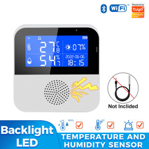 SMATRUL Tuya/Smart life Wifi Temperature Humidity Sensor Time Calendar Weather Digital LED Display Smart Safety Home Indoor Voice Alarm Monitoring Detector USB powered/Battery Operated for Office and Living Room