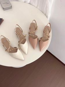 Anni Black Leopard Rivet Pointed Toe Backless Sandals for Women 2026 Spring new stylish versatile low-heel closed-toe shoes