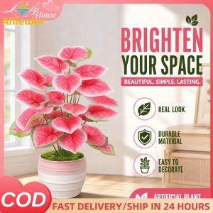 Artificial Potted Plant Faux Leaf Bonsai Pink Tabletop Decor Realistic Plastic Indoor Home Office Centerpiece