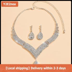 【Local shipping】 2Pcs Fashionable Rhinestones Necklaces Earrings Jewelry Set Womens Wedding Accessories Gift
