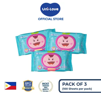 UniLove Unscented Baby Wipes 100s Pack of 3 - 99% Water| Hypoallergenic | Alcohol Free | No harmful chemicals | with Aloe Vera | Safe & Gentle | FDA Approved