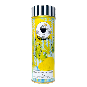 Tea Bird Tea Lemongrass tin canister with colorful floral design and striped lid.