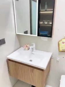 LZ-Wooden color honeycomb aluminum bathroom cabinet combination bathroom ceramic integrated wash basin sink cabinet washstand