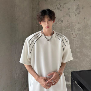 美式潮牌垫肩短袖T恤男士夏季小众设计感半袖宽松休闲圆领上衣服