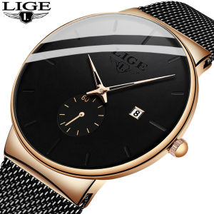 LIGE Watch Men Fashion Sports Thin Wrist Watch With Calendar Mesh Steel Waterproof Watch For Women Quartz Clock + Free Box