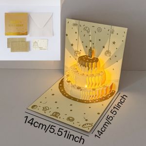 MAKERVY with Automatic Music Lighting Happy Birthday Card 3D Four-Layer Birthday Cake Musical Light Greeting Card Creative Pop Up Gift Card Gift