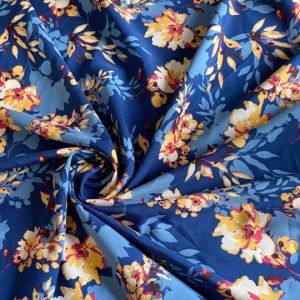 Vải Lụa Đũi Xanh In Hoa Vàng Khổ 1m5 - Chất Mỏng Vừa Ít Rũ Co Giãn Nhẹ Váy Đầm Cần Lót