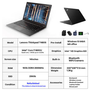 Original Lenovo Thinkpad T480S Laptop office gaming computer 8th Gen Intel i7 8650U processor 14inches ultrathin IPS FHD 1920*1080 screen 16GB RAM /512GB SSD gaming/Office / online courses compute Laptop Refurbished 1 yr warranty