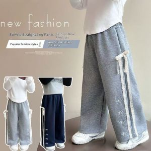 TUmama กางเกงใส่สบายในฤดูใบไม้ผลิใบไม้ร่วงสำหรับเด็กผู้หญิงกางเกงผู้ชายขาสามส่วนตกแต่งโบว์น่ารักแฟชั่นใหม่
