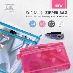 CBE SOFT MESH BAG / ZIPPER BAG / STATIONERY BAG / PENCIL CASE / DOCUMENT CASE / ORGANIZE STUDENT FILE BAG - RANDOM COLOR