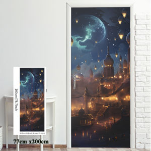77x200cm Islamic Mosque Arch Door Sticker Ramadan Festival Vinyl Decal Removable Waterproof DIY Door Mural for Bedroom Living Room Prayer Room Home Decoration Self Adhesive Vinyl Wrap Wall Art Cover for Festival and Daily Use