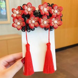 YOCKY Red Bow Wig Braid Hair Rope Flower Tassel Ancient Style Scrunchines Cute Elastic Hairbands Chinese New Year Headwear Children
