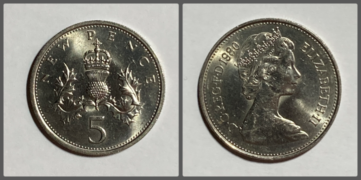 United Kingdom Coin, 5 New Pence 1980, Queen Elizabeth II (2nd Portrait ...