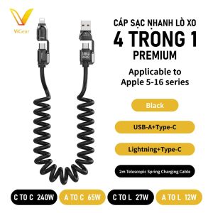 Cáp Sạc Nhanh Lò Xo 4 Trong 1 PREMIUM ViGear Siêu Tiện Lợi Kéo Dài 2m dành cho điện thoại