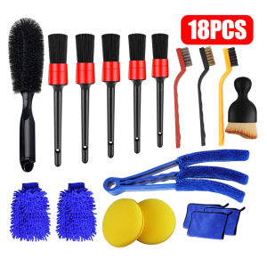 15/18Pcs Car Detailing Brush Kit Car Wash Cleaning Brush Kereta Duster Cleaner Tools Towel Car Care Sponge Glove Tire Brush