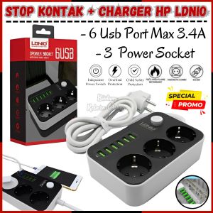 STOP KONTAK + Kabel 3 Lubang + 6 Port USB Charger Minimalis / Stop Kontak LDNIO 3 Lubang 6 USB Charging Anti Static Model Colokan & 6 Port USB Charger