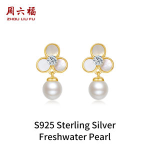 ZHOU LIU FU 周六福 S925 Sterling Silver Earrings Mother of Pearl Natural Freshwater Pearls Drop Earrings Fashion Flower Earring for Women Girl X0913980