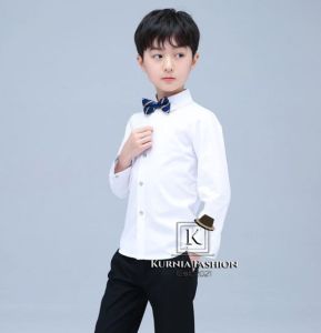 Kemeja Polos untuk Anak Laki-laki Putih Lengan Panjang /Atasan Kancing Kerah Turn-Down Anak-anak 8-12 Tahun