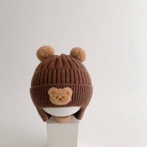 New Cartoon Bear Baby Hat Cute Pompom Boys Girls Ear Protection Beanies Cap Korean Winter Warm Knitted Toddler Kids Hats Bonnet