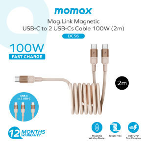 Momax DC56 | 100W Magnetic USB C to Dual Type C Cable | 2m MagLink 2-in-1 | Fast Charging PD3.0 Tangle Free Nylon Cable