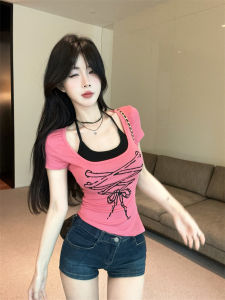 white july🌸พร้อมส่ง เสื้อยืดเซ็กซี่ เสื้อยืดครอป เสื้อยืดแขนสั้นพิมพ์ลายดอกกุหลาบสีชมพูสไตล์ย้อนยุคสไตล์เกาหลี