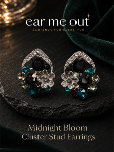 [SG] Midnight Bloom Cluster Stud Earrings | Teal Black Crystal Floral Statement Earrings | ear me out (EMO-231)