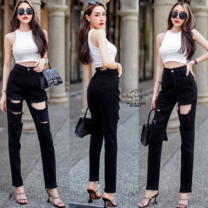 กางเกงยีนทรงกระบอกเล็ก เอวสูง เเต่งขาดหน้า S-6XL