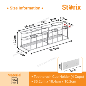 Storix 304 Stainless Steel Wall Mounted Punch-free Bathroom Toothbrush Holder with Mouthwash Cup Storage Rack