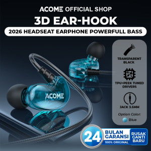 ACOME Earphone Headset Type-C ACE01 Pro 3D Subwoofer Powerfull Bass Plug and Play Transparent Wired Body Black Original - Garansi Resmi 2 Tahun