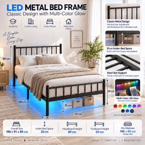 LED Metal Bed Frame with Multi-Color Light Heavy Duty Iron Bed Steel Slat Support 35cm Under-Bed Storage Single Double Queen King Size
